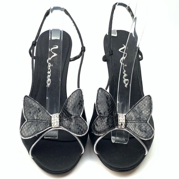 Nina heels sz 8.5 Black silver satin pinup retro 80s 90s vintage party